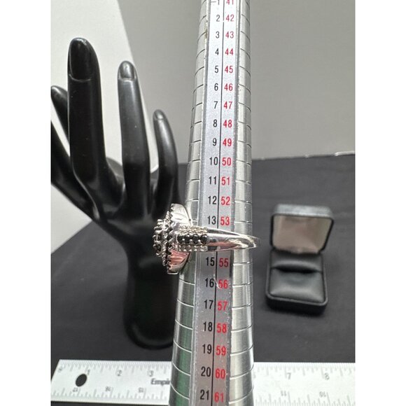 Sterling Silver Black & White Cubic Zirconia Halo Ring In Jewelry Box - Picture 9 of 12